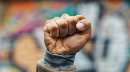 Close-up of protesting big male hand in fist shape on the blurred wall with graffiti background.