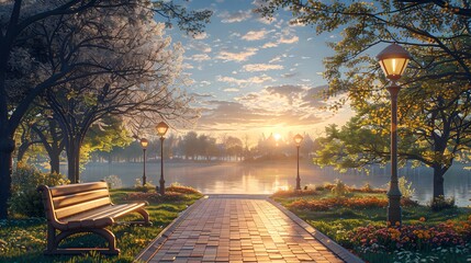 Fototapeta premium A serene park pathway at sunrise, blue sky, two wooden benches facing, ornate streetlamps, brick paved walkway, blooming trees, panoramic view, golden morning light.
