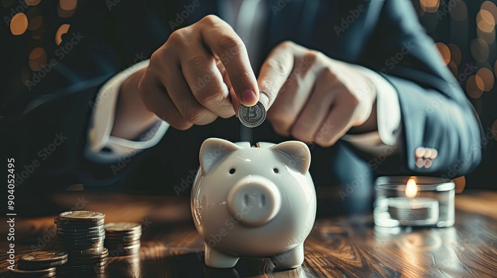 Poster close-up of a young businessman's hands inserting a coin into a piggy bank, demonstrating a commitme
