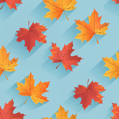 Fototapeta premium Seamless pattern illustration of colorful autumn leaves on a light blue background