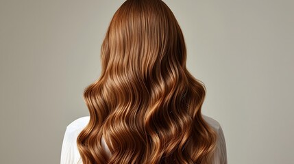 Fototapeta premium Back view of woman's head, long wavy brown hair, soft curls, hair styling, smooth texture, glossy finish, beauty photography, white background, studio lighting.