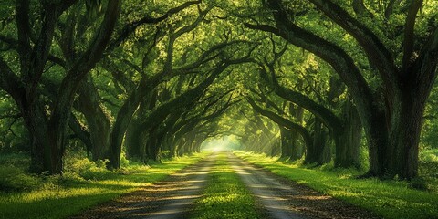 Serene Country Road Lined with Majestic Ancient Oaks