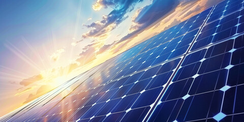 Close up view of a solar panel against a sunset sky