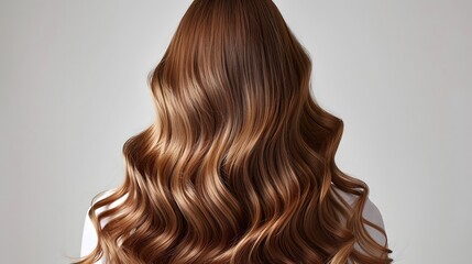 Fototapeta premium Back view of woman's head, long wavy brown hair, soft curls, hair styling, smooth texture, glossy finish, beauty photography, white background, studio lighting.