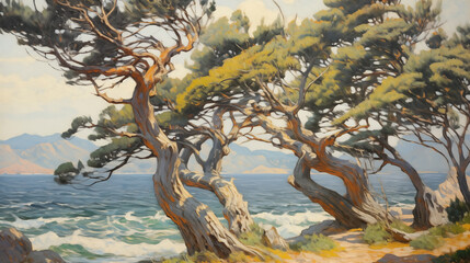 Impressionist coastal landscape with windswept trees in summer