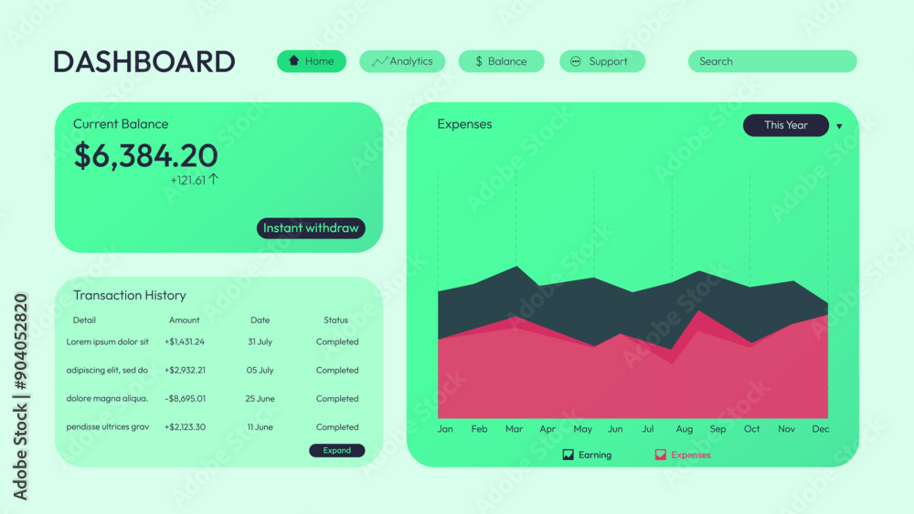 Poster finance dashboard web page design in modern style with green gradient and blue typography. saas user