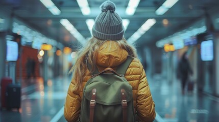 Obraz premium Young woman is walking through a busy airport terminal with a backpack, excited to start her journey.