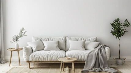 living room with sofa and table home interior scandinavian design, wall mockup