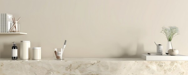 Office accessories on beige marble table, white wall with shelf, 3D illustration, ultra detailed, cinematic, high resolution, sharp focus.