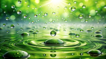 Freshly splashed green studio background with scattered water droplets creating a mesmerizing abstract pattern, evoking serenity and natural beauty.