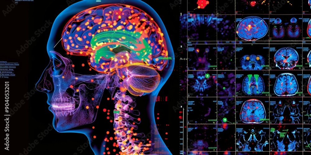 Poster a patient undergoing a brain pet scan overlaid with neurotransmitter maps, showcasing neurological d