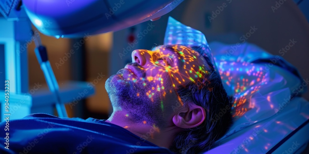 Poster a patient undergoing a brain pet scan overlaid with neurotransmitter maps, showcasing neurological d