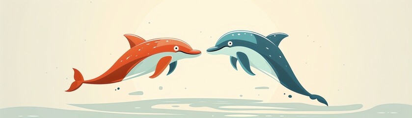 Fototapeta premium Playful illustration of two dolphins leaping out of the water, one in red and the other in blue. Perfect for children's content and marine themes.
