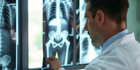 A radiographer reviewing a skeletal survey X-ray, symbolizing diagnostic imaging in pediatric orthopedics