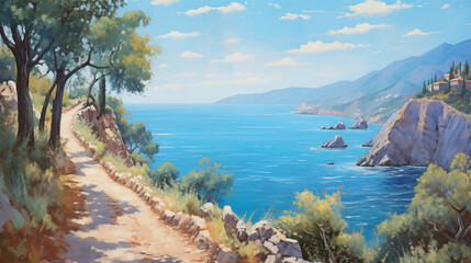 Coastal pathway along serene blue waters in summer landscape