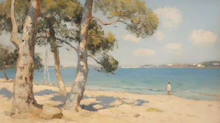 Summer landscape with trees by the sea capturing impressionist essence