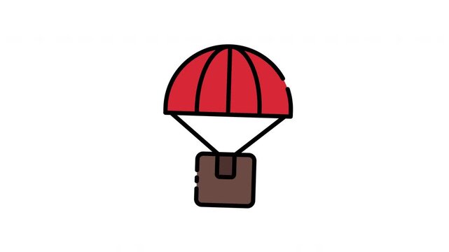 Red parachute with brown box attached by lines suitable for adventure and delivery concepts, skydiving equipment, outdoor activities, and shipping icon motion graphic animation