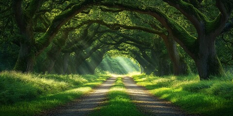 Serene Country Road Lined with Majestic Ancient Oaks