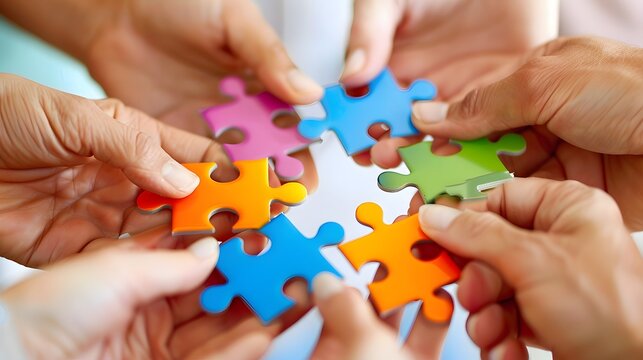 Closeup of hands of business people assembling a puzzle, representing unity and cooperation