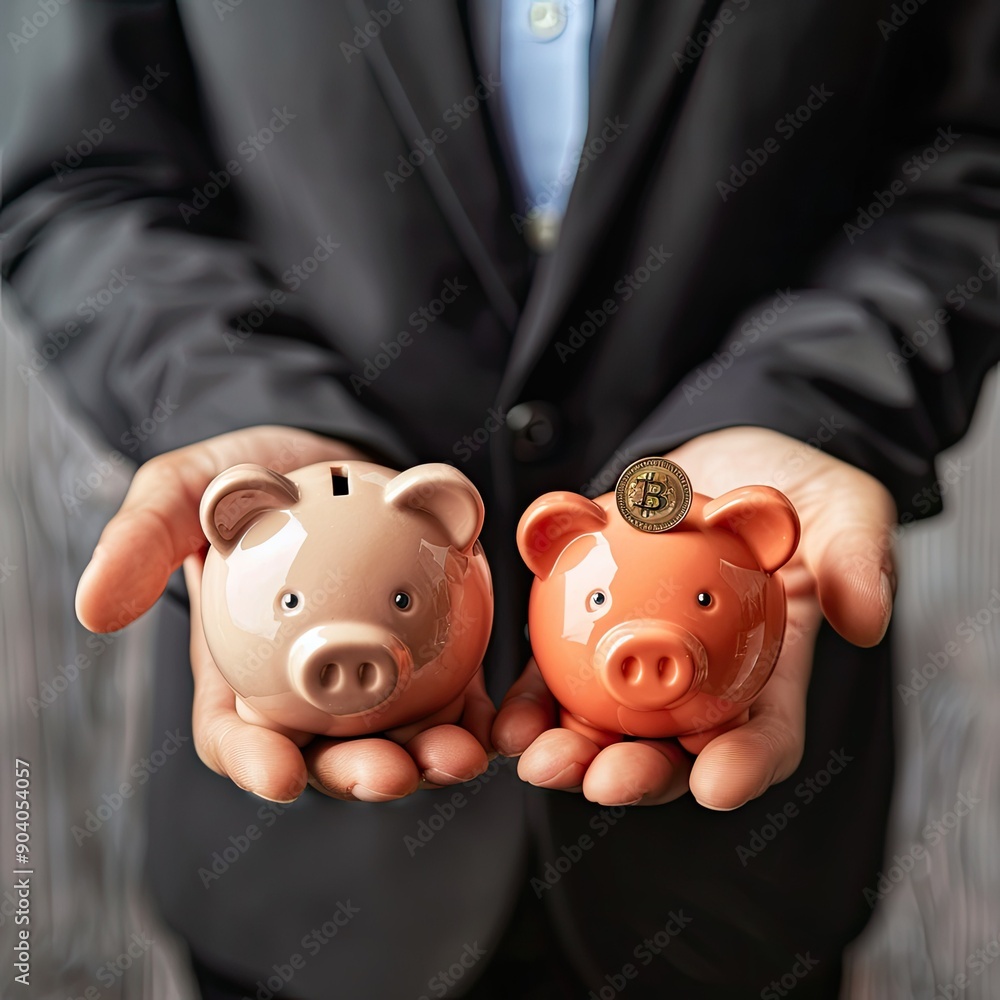 Poster he hands of a young businessman with a coin in one hand and a piggy bank in the other, ready to make