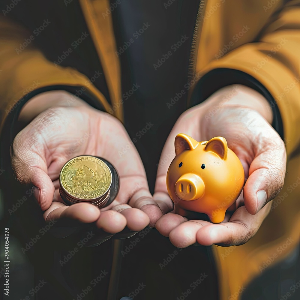 Poster he hands of a young businessman with a coin in one hand and a piggy bank in the other, ready to make