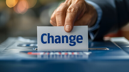 Closeup of a man's hand holding a voting card with the word Change