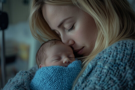 Young blonde woman holding a newborn baby wrapped in a blue blanket. Fear of missing his baby. Thinkful expression on her face with her eyes closed.