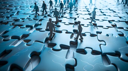 Fototapeta premium Closeup of team members joining puzzle pieces, depicting collaboration and strategic alignment