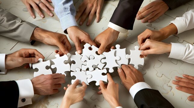 Business team assembling a jigsaw puzzle, focusing on unity and joint effort