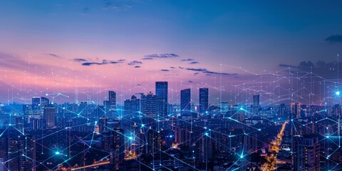 Fototapeta premium A digital city skyline with interconnected networks, symbolizing urban innovation and digital transformation