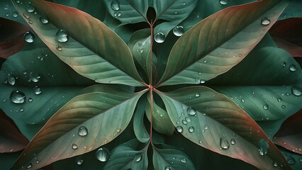 wallpaper representing a pattern of leaves with water droplets above. Hipperrealistic image