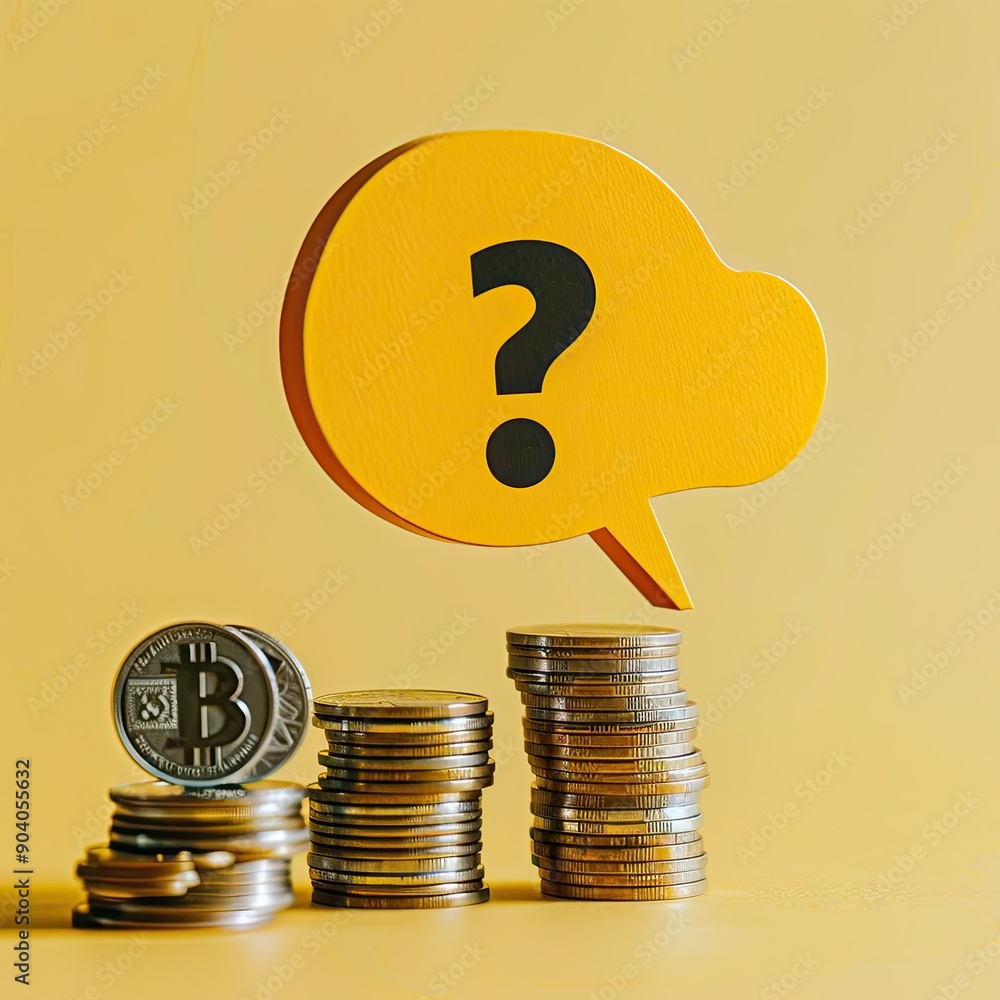 Poster A yellow speech bubble with a question mark balancing on multiple stacks of coins. 