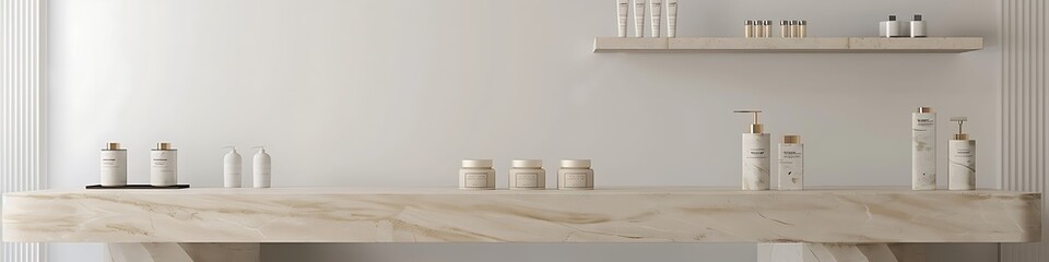 Office setup, beige marble table, white wall, shelf, product display montage, 3D rendering, ultra detailed, high resolution, cinematic style.
