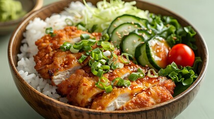 Japanese rice bowl, crispy fried chicken katsu, sliced cucumbers, cherry tomato, shredded lettuce, steamed white rice, wooden bowl, light green background.