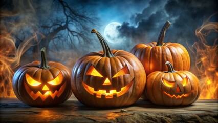 Ominous glowing orange pumpkins with twisted evil faces, set against a dark, mystical, and eerie abstract Halloween background.