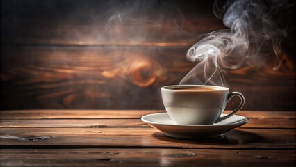 Steaming hot cup of morning coffee on dark wooden table with subtle steam rising against blurred background.