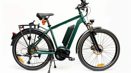 Modern green bicycle with and electric motor on white background