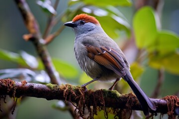 Grey color base chestnut-capped laughing thrush on atree branch 