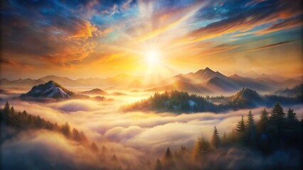Fototapeta premium This captivating scene features a mesmerizing blend of natural fog, sunlit mountains, and warm colors, creating a sense of ethereal beauty. The design adds a touch of serenity to your projects.