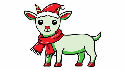 Vector Line Art of Christmas Cute Goat with Santa Claus Hat and Scarf on White Background