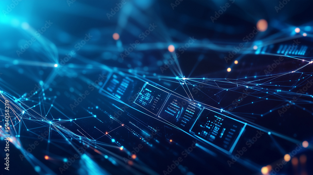 Poster interconnected digital interface panels and data graphs on a dark blue background, network of lines 