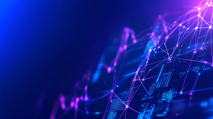 interconnected digital interface panels and data graphs on a dark blue background, network of lines and nodes, futuristic technology concept, with copy space,