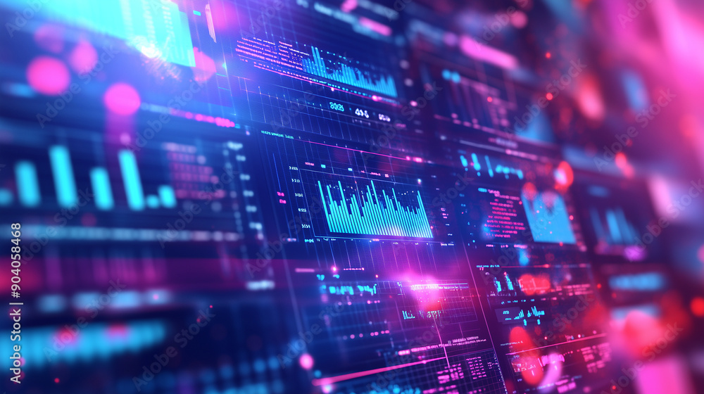 Poster close-up of a digital interface with multiple data screens and holographic charts, technological adv