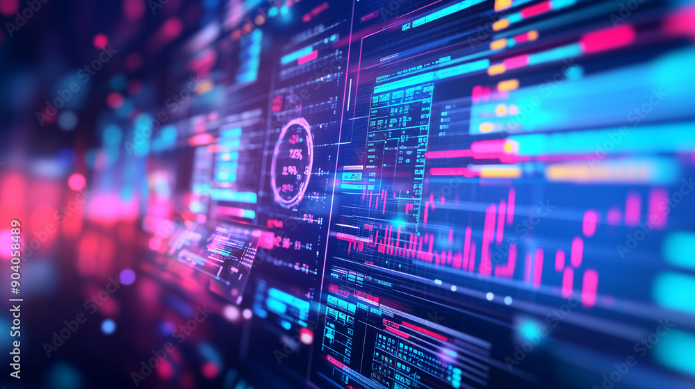 Aufkleber close-up of a digital interface with multiple data screens and holographic charts, technological adv
