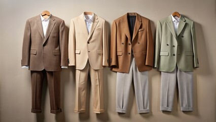 Elegant, modern apparel arrangement featuring oversized blazers, tailored pants, and neutral-toned shirts on minimalist studio background exudes versatility.