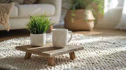 Minimalist living room, wooden coffee table with angled legs, white ceramic mug, white plant pot with small green plant, white textured carpet with geometric pattern.
