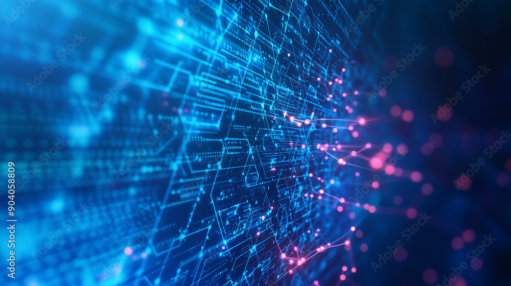 Poster network of digital data nodes and virtual screens, advanced technology and ai, futuristic interface,