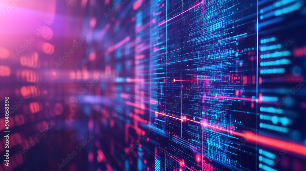 Poster futuristic virtual interface with interconnected data screens and AI elements, technology and innovation in data analysis, with copy space,