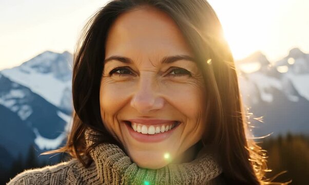 Close-up portrait video of a grinning woman in her 40s wearing a cozy sweater against a mountain landscape background
