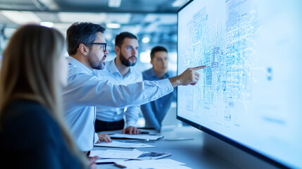 A team of cybersecurity professionals gathered around a conference table, discussing a network vulnerability assessment. The consultant is leading the discussion, pointing at a lar - Powered by Adobe